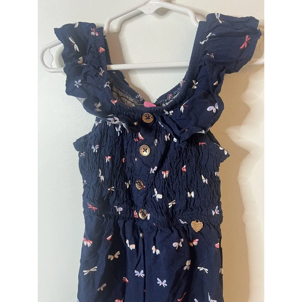 Vince‎ Camuto Jumpsuit Girls 5 Navy Blue Ruffle Strap Smocked Butterfly Print
